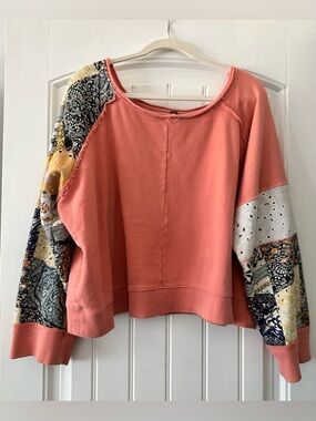 Free People Coral Pullover with Mixed-Print Patchwork Sleeves